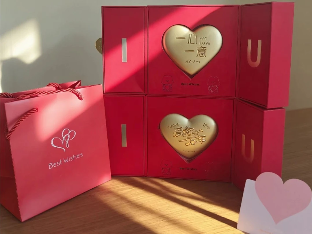 含金工艺品七夕爱心饼套装LOVE红色礼盒送女友送老婆情人节礼物
