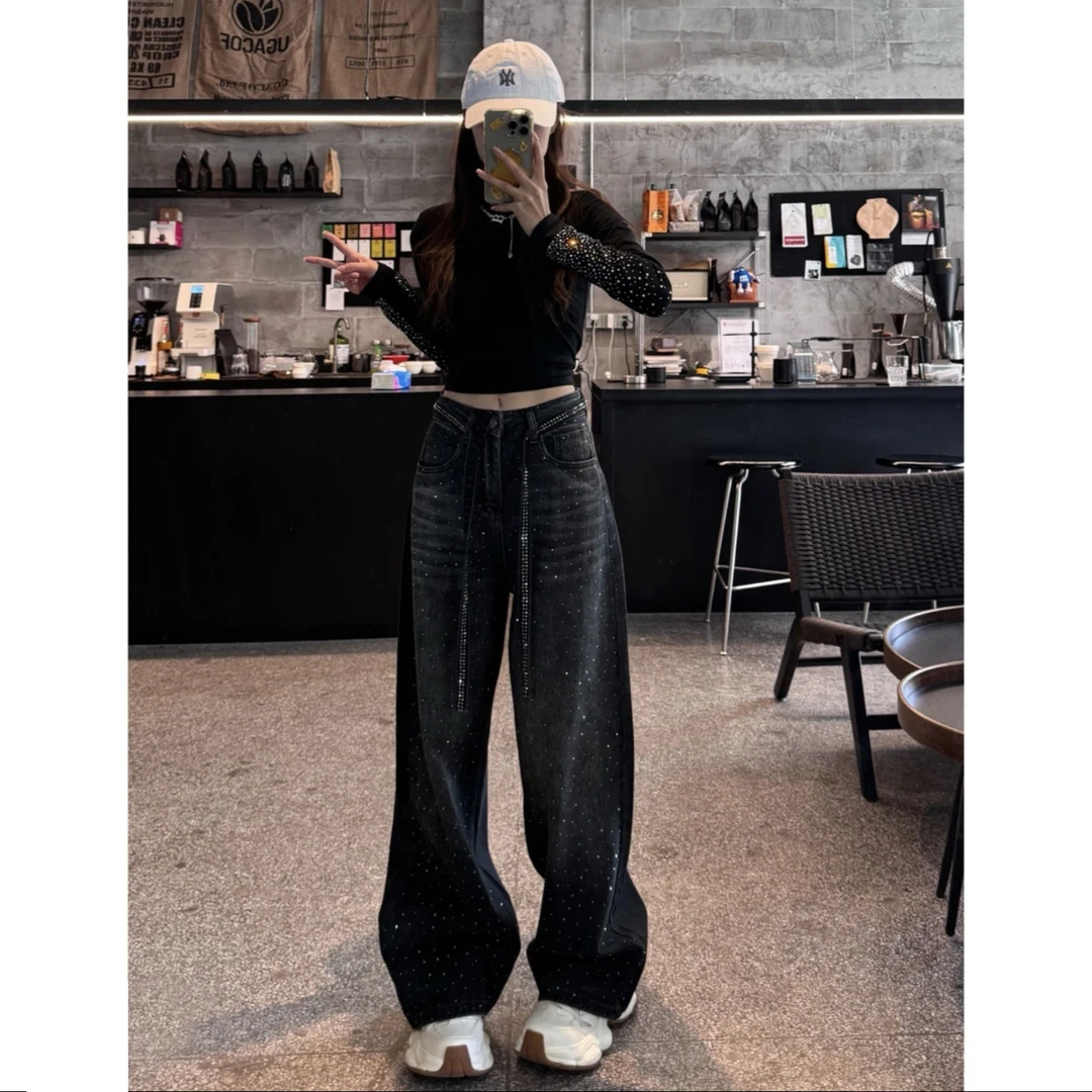 027重工设计感烫钻阔腿牛仔裤女春夏季高腰显瘦垂坠拖地休闲裤子