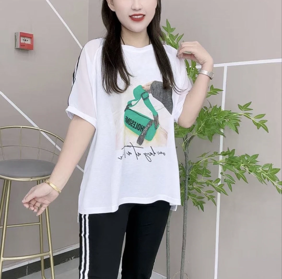 （白纱袖绿包图）夏季休闲宽松短袖