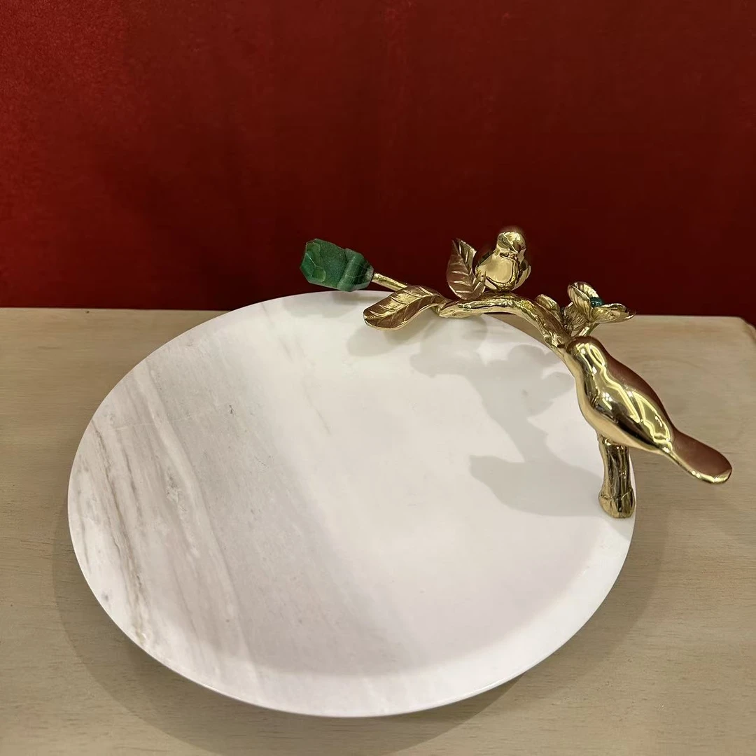 【欧美外单】T160B 喜在眉梢 绿水晶黄铜双鸟果娄摆件 23*20*9