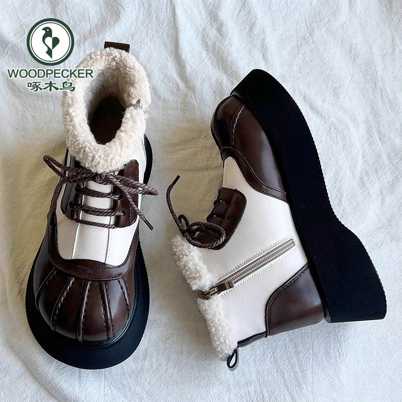 啄木鸟防滑雪地靴女秋冬季马丁靴厚底增高小个子东北短靴加绒棉鞋