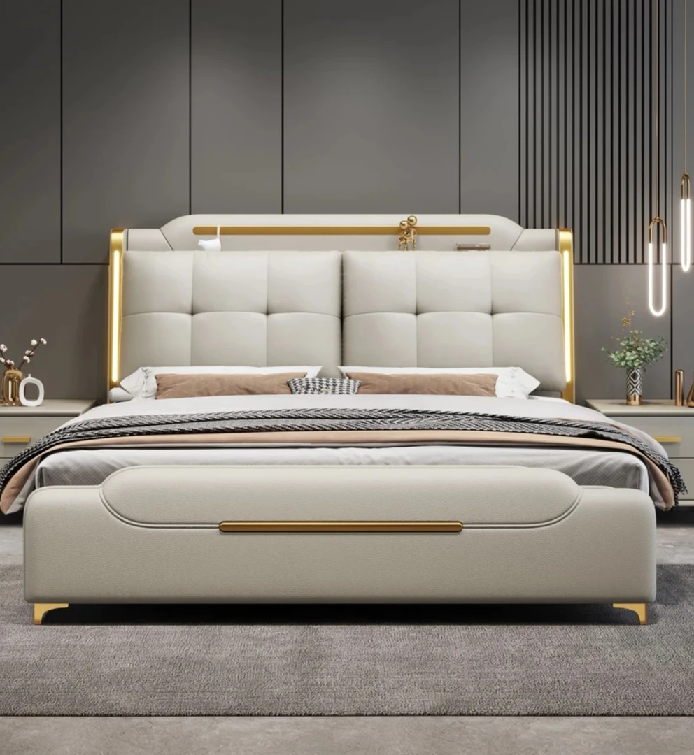 床头带灯真皮床轻奢北欧意式双人床现代家用别墅大床主卧室3635