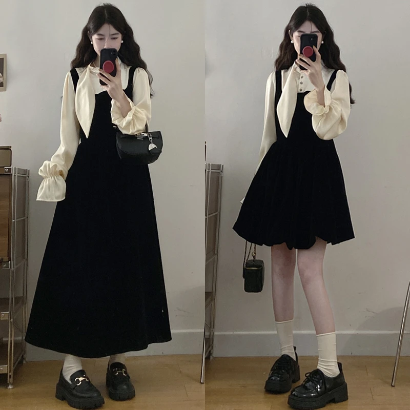 大码胖mm女装秋冬新款韩版显瘦富贵千金拼接丝绒小黑长裙连衣裙女