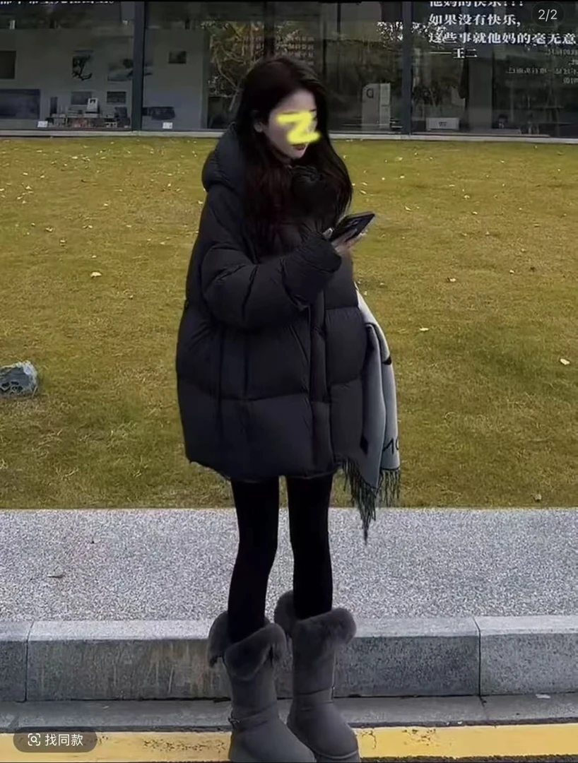 云朵泡芙中长款防风袖连帽纯色常规休闲宽松