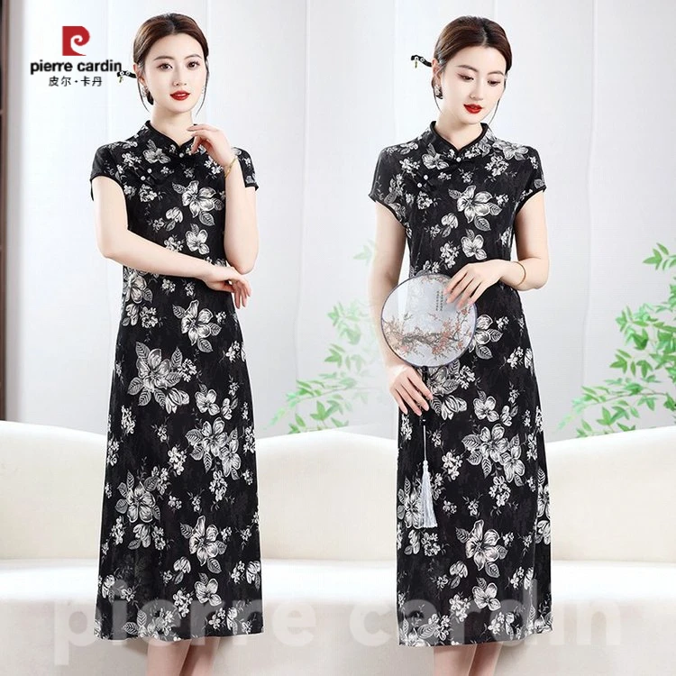 皮尔卡丹妈妈改良旗袍连衣裙夏季气质显瘦新中式盘扣斜门襟旗袍裙