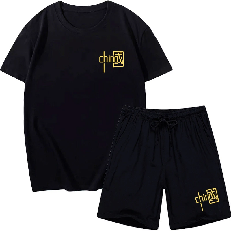 套装 棉短袖+冰丝短裤组合装 男士休闲运动套装透气夏季圆领国潮