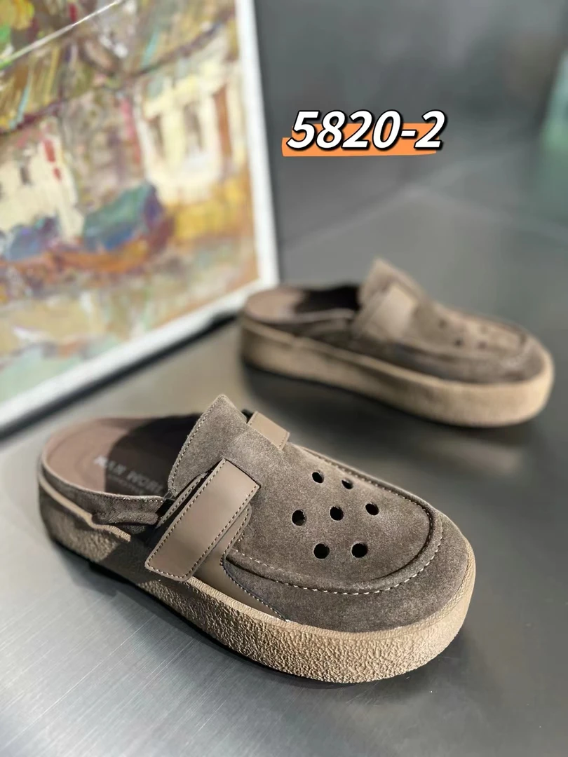 夏季时尚潮流复古风反绒牛皮轻便发泡软底男士半拖厚底洞洞包头鞋