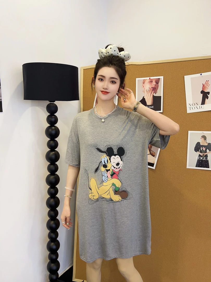夏季新款大码卡通米奇莫代尔睡裙家居服宽松休闲睡衣印花圆领薄款