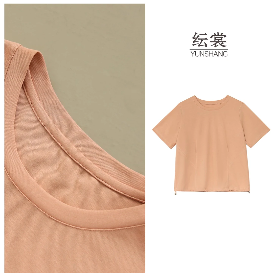 【米可原创】衣长61-63 时尚气质减龄休闲拼接下摆松紧T恤D25514