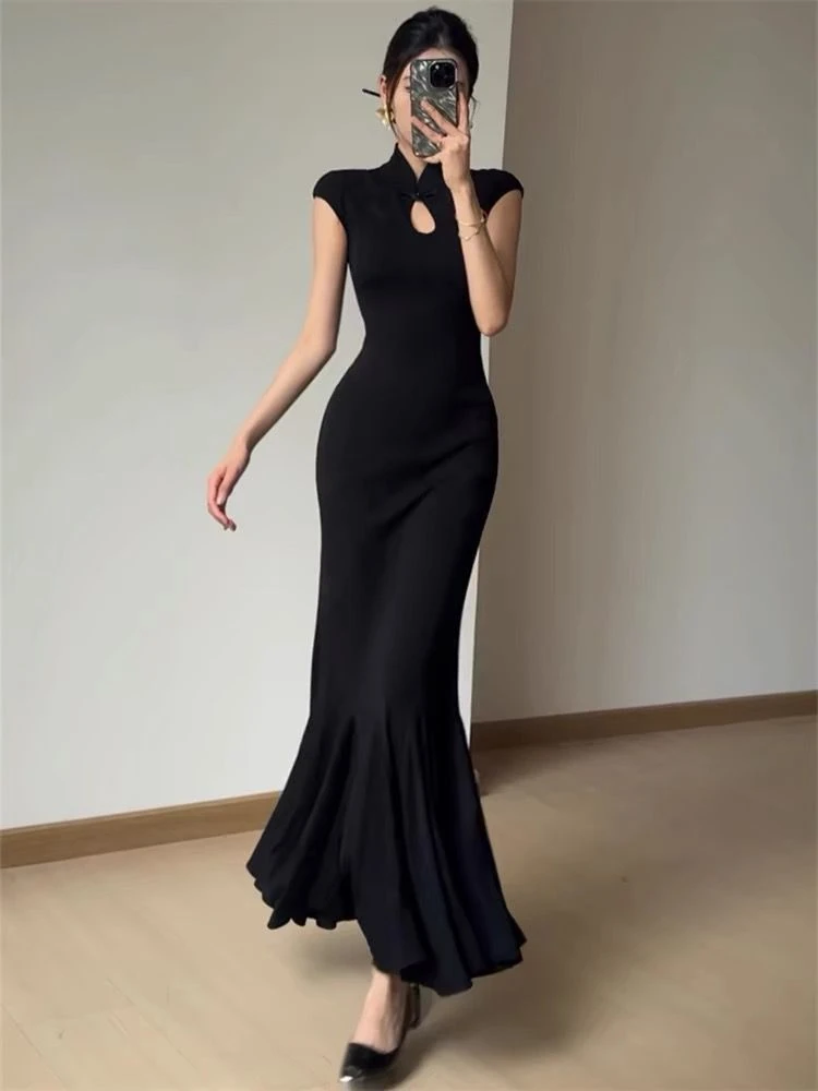 新中式国风改良旗袍连衣裙女夏季赫本风修身包臀裙复古盘扣鱼尾裙