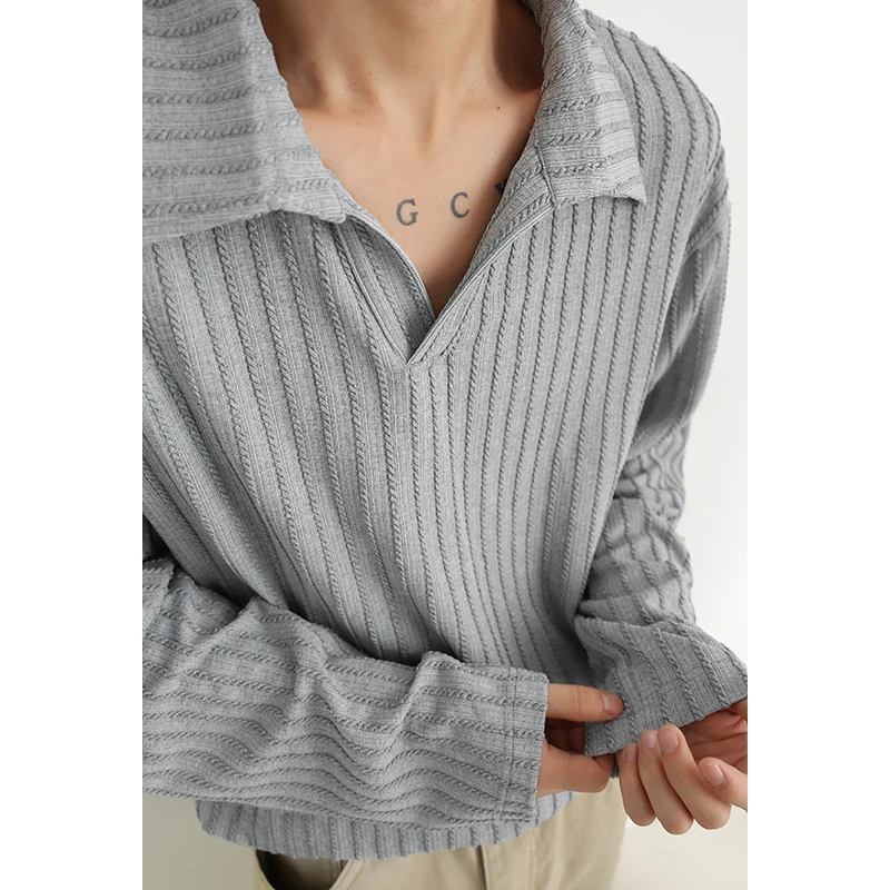 复古麦穗纹针织长袖t恤男女秋季肌理感v领polo衫老钱风宽松打底衫