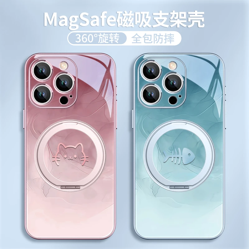 猫咪鱼骨适用华为pura80手机壳苹果17/小米15磁吸支架mate70全包