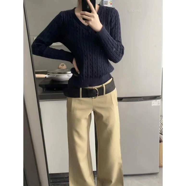 韩系复古卡其色喇叭休闲运动卫裤女2025高腰垂坠松弛感宽松拖地裤