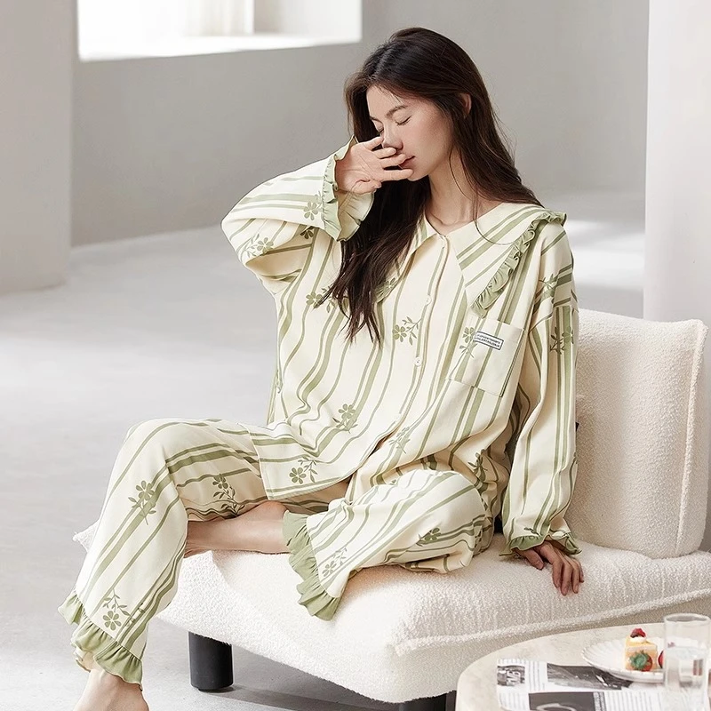 睡衣女春秋冬季纯棉简约新款长袖开衫甜美花边绿色条纹家居服套装