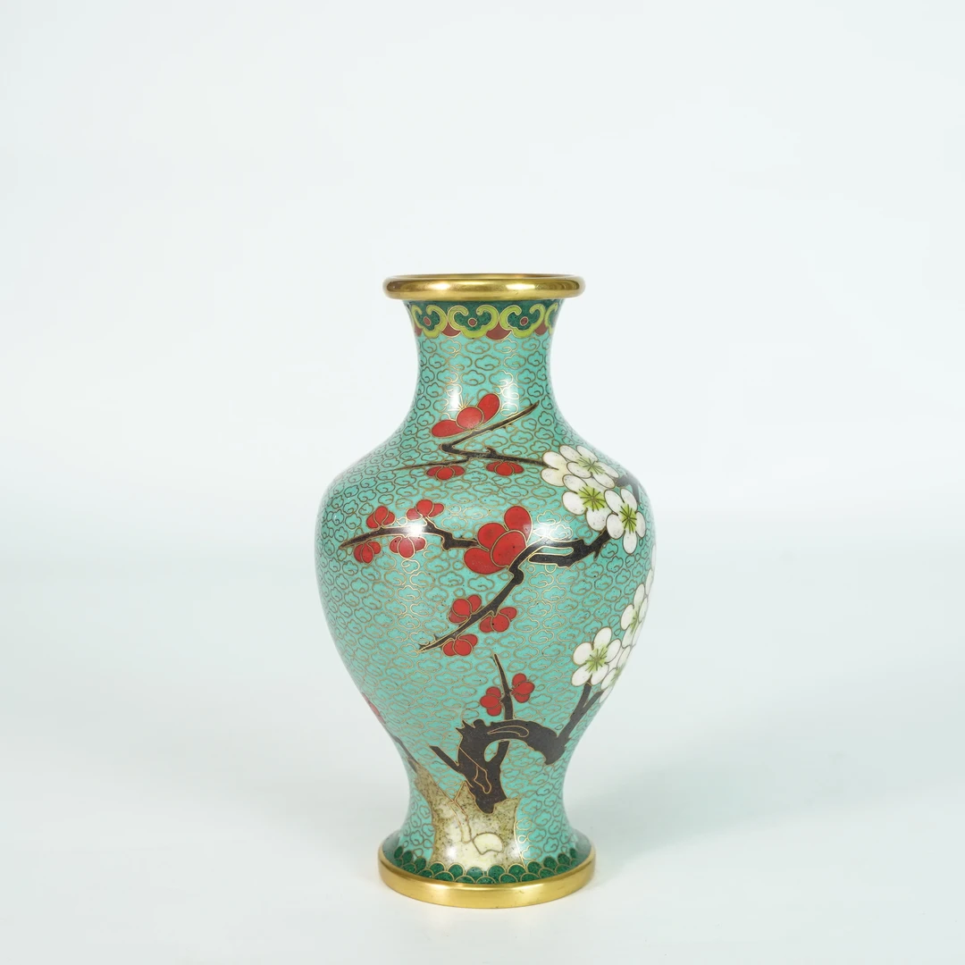 LLL250901012【十竹斋】民国晚期解放初期洞石梅花纹景泰蓝赏瓶