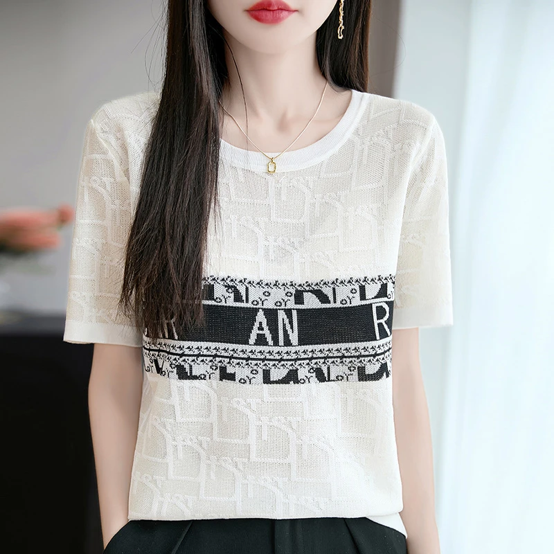 哥弟阿玛施正品【棉+桑蚕丝】针织短袖t恤女打底薄款宽松显瘦提花