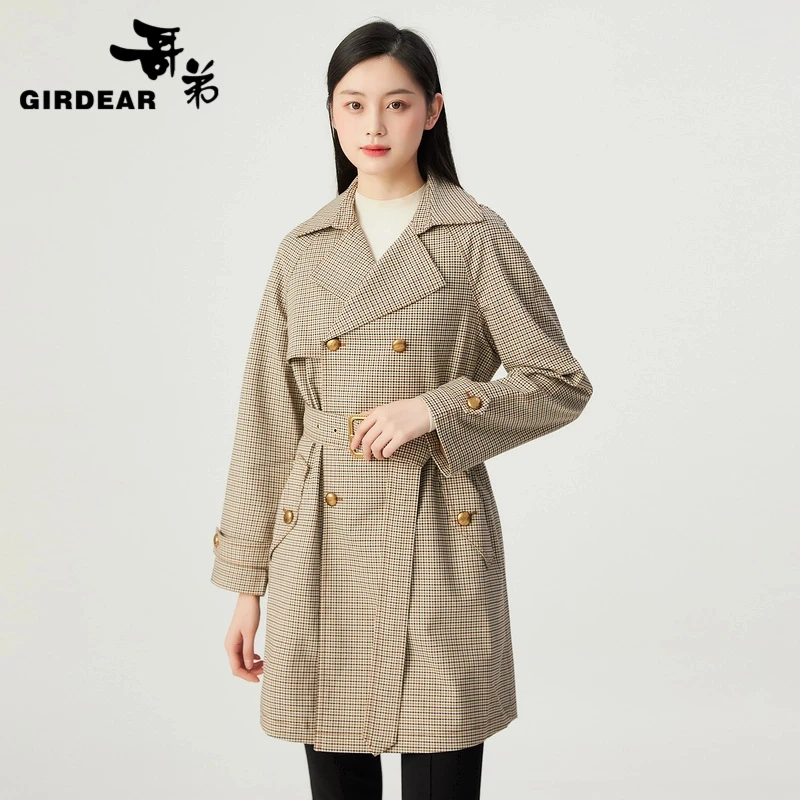 GIRDEAR/哥弟通勤气质百搭宽松中长款双排扣腰带风衣外套1400666