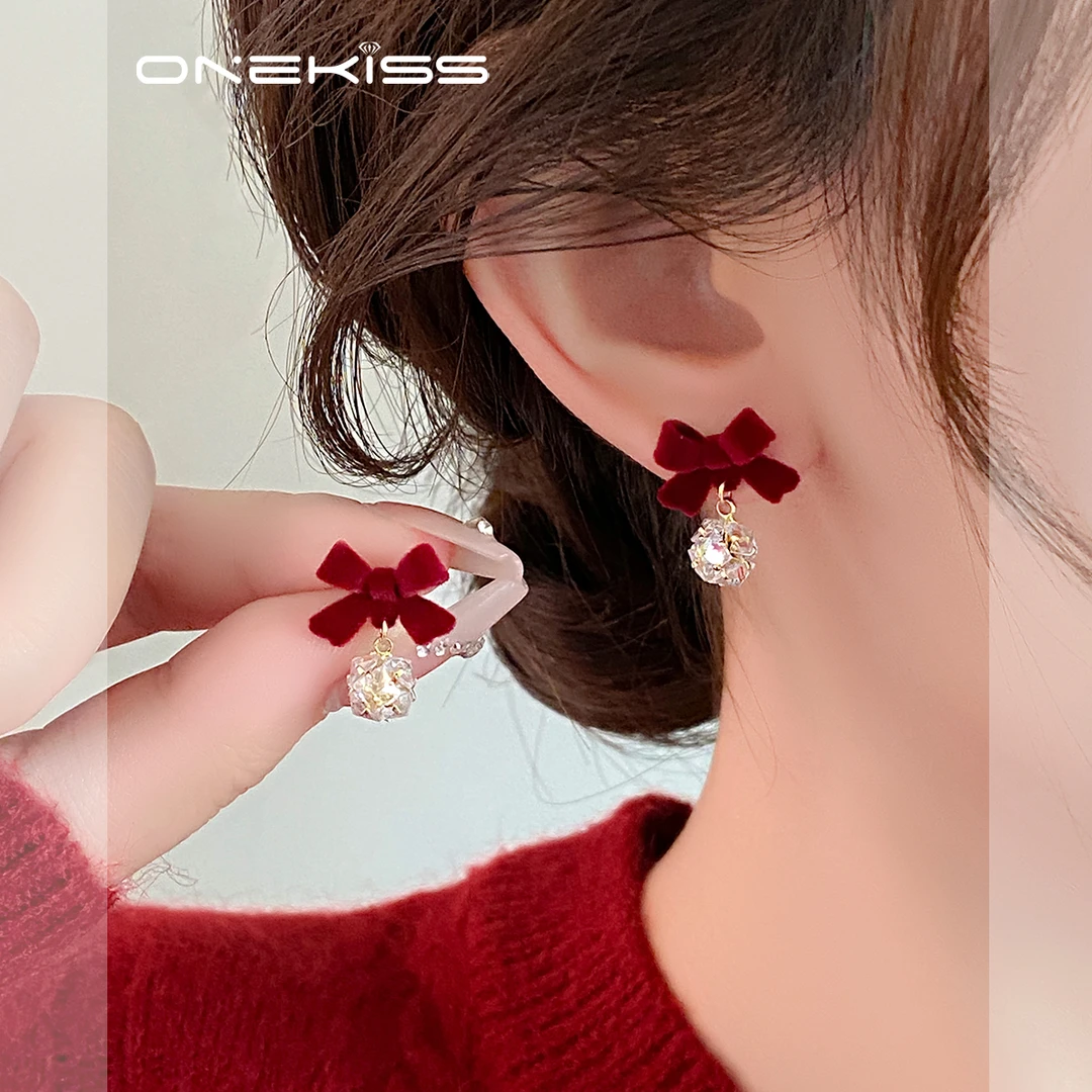 秋冬红色植绒蝴蝶结锆石耳环2025新款爆款耳钉女轻奢小众时尚耳饰