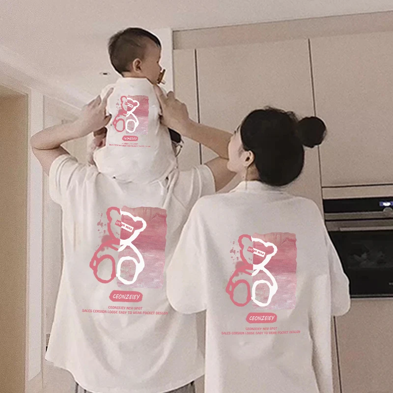 高端亲子装母女装洋气一家三四口炸街网红高端小红熊短袖T恤夏装