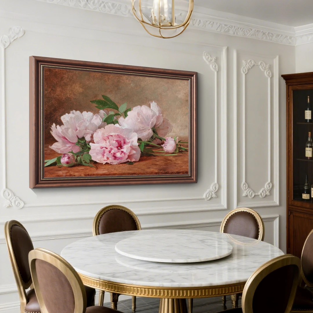 《粉牡丹的静绽》美式餐厅装饰画静物花卉客厅背景墙挂画复古卧室