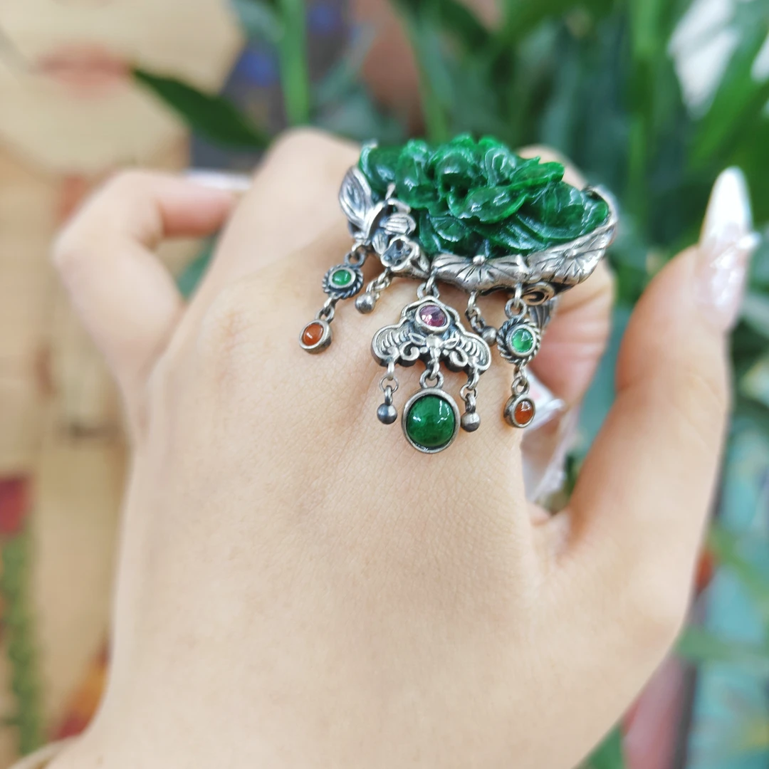 恒玖翡翠  台湾银镶 天然翡翠戒指 手工珠宝镶嵌  复古