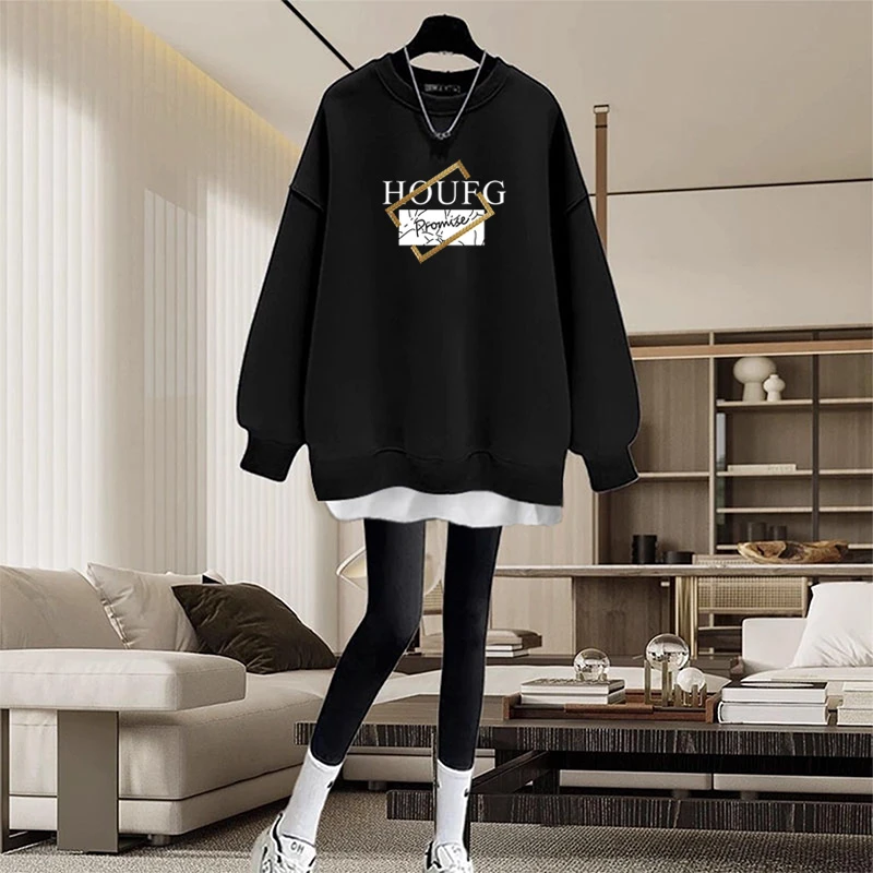 假两件圆领卫衣女2026秋冬新款中长款盖遮屁股加绒加厚拼接上衣