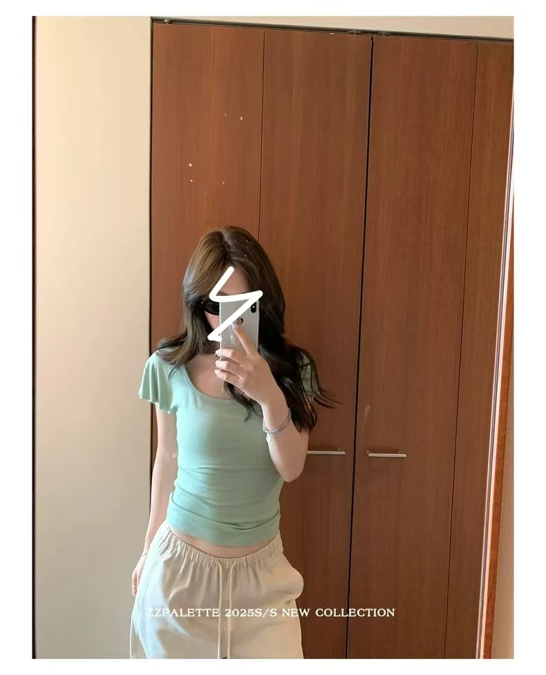 【米妮】"薄荷曼波"纯欲小飞袖方领纯色短袖T恤女修身绿色白色