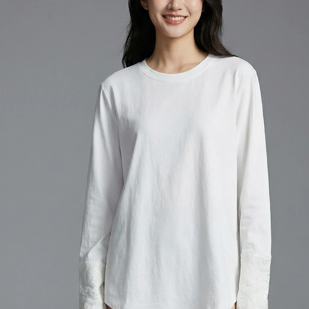 孤品长袖-白色圆领打底衫提花缎面袖拼接上衣36022