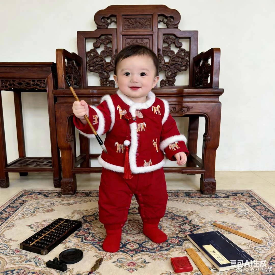 【一马当先】红色国风宝宝连体衣加厚爬服长袖冬季哈衣拜年服套装