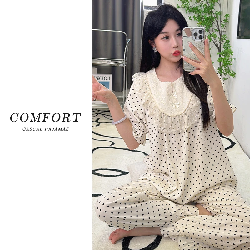宫廷风蕾丝花边波点睡衣女春秋季甜美公主风短袖长裤家居服三件套
