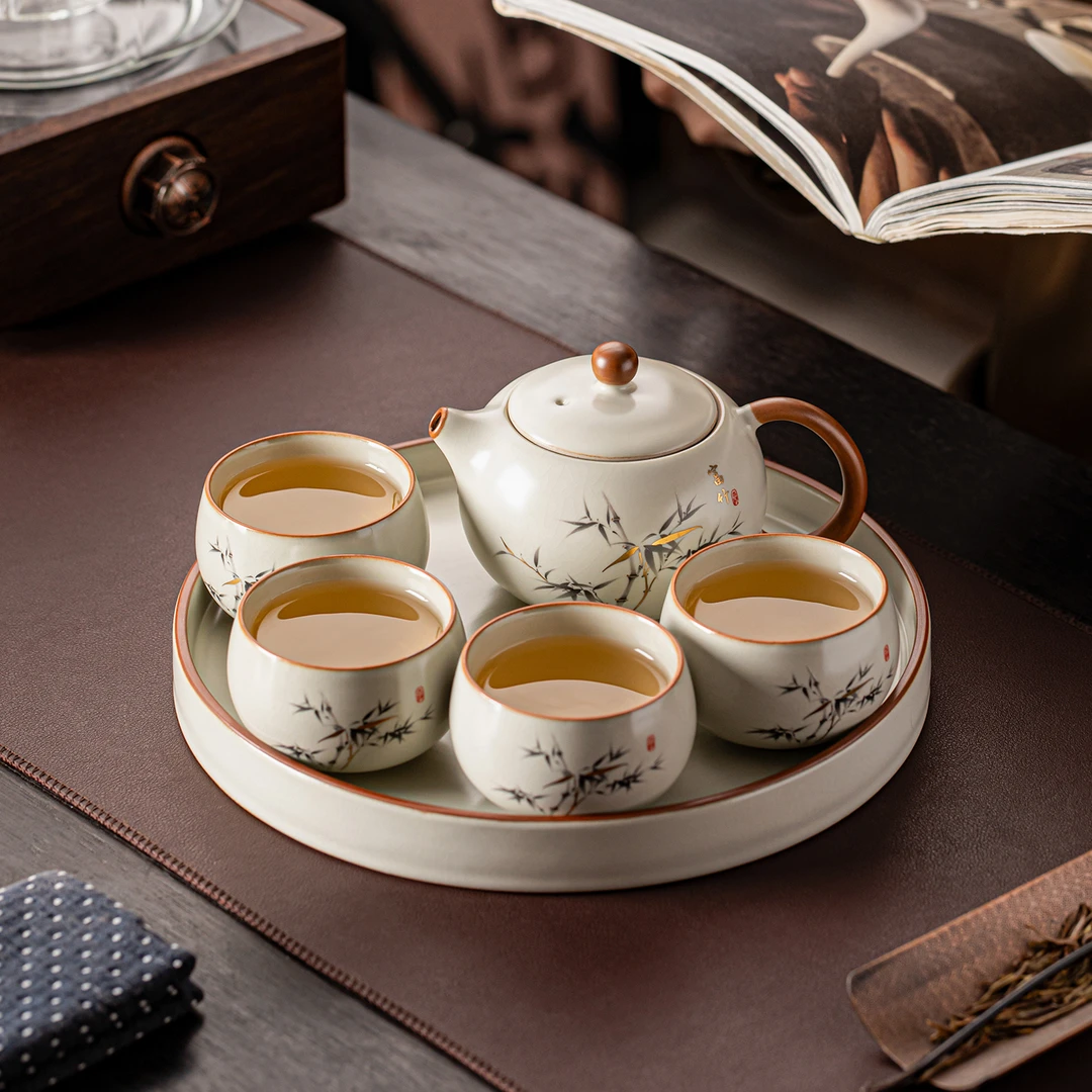 中式一壶四杯干泡盘汝窑功夫茶具套装茶室家用便携喝茶待客小套装