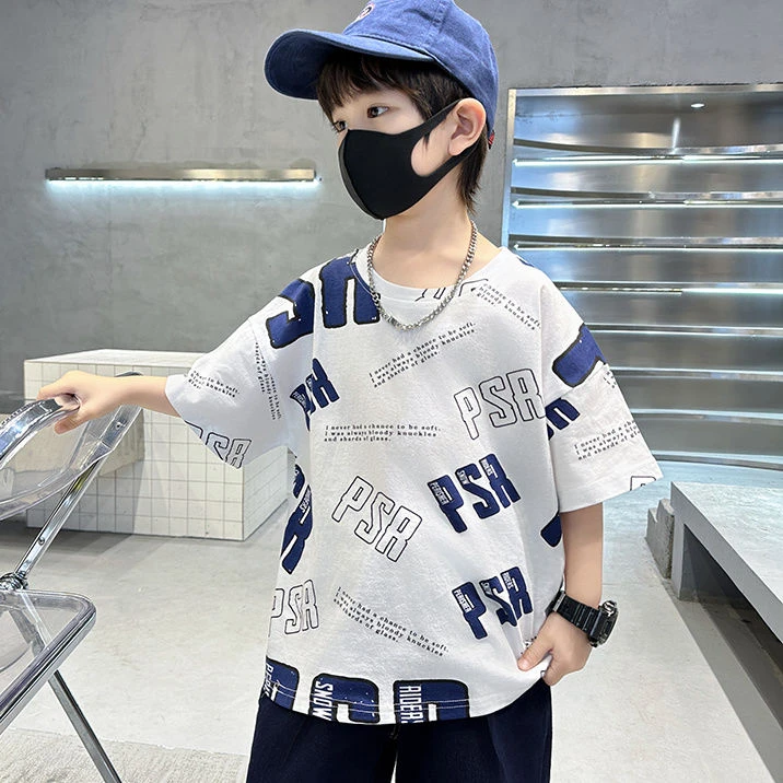 夏季男童纯棉短袖新款儿童短袖T恤潮流宽松印花字母圆领休闲童装