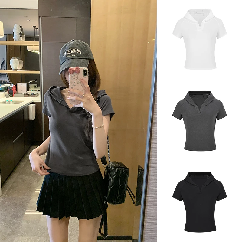 Moses Queen/魔西女王正肩t恤新款女v领连帽上衣小众修身收腰短袖