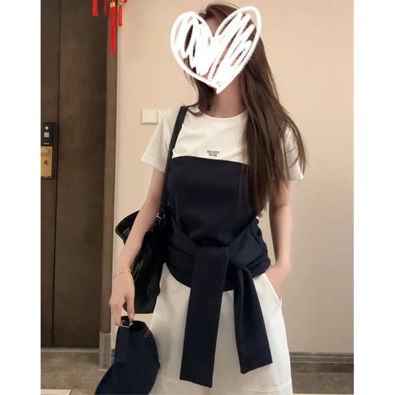 美式复古假两件圆领拼接短袖T恤女夏季新款修身显瘦时尚洋气睡衣