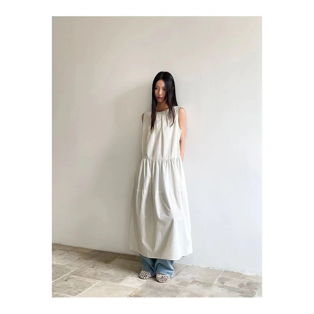 22415#复古艺术生~无袖条纹显瘦慵懒连衣裙