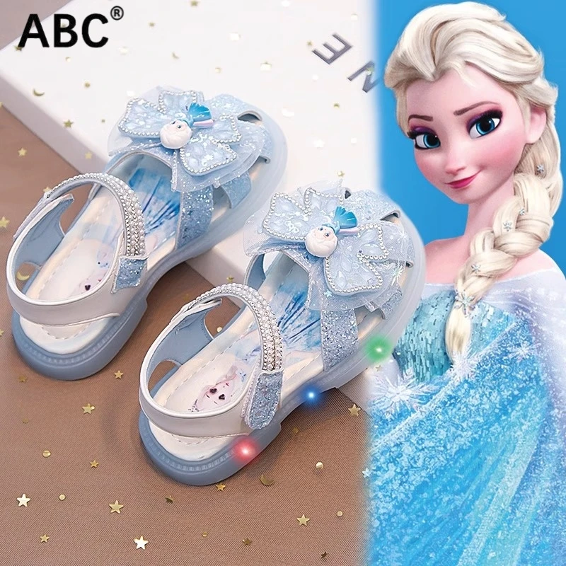 ABC女童凉鞋爱莎公主鞋夏季2025儿童闪灯女宝软底洋气水晶鞋