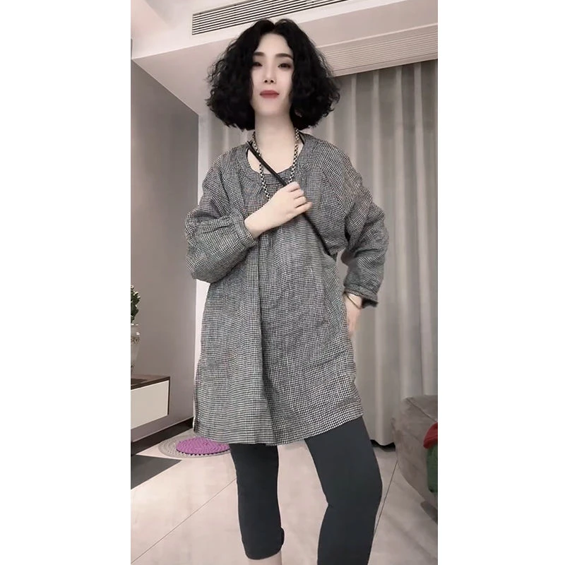 日系百搭宽松中长款麻料格子衬衫欧洲站2025春季新款时尚休闲上衣