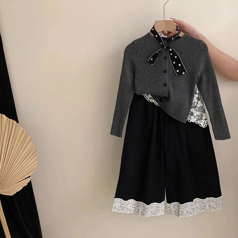 女童针织开衫外套韩系秋季2025新款衣百搭屁帘花边阔腿裤长袖上衣