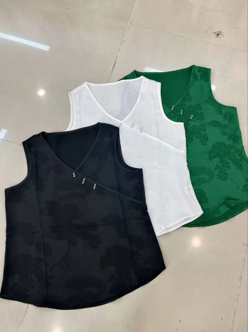 薄款V领新中式国风常规款无袖上衣女士背心