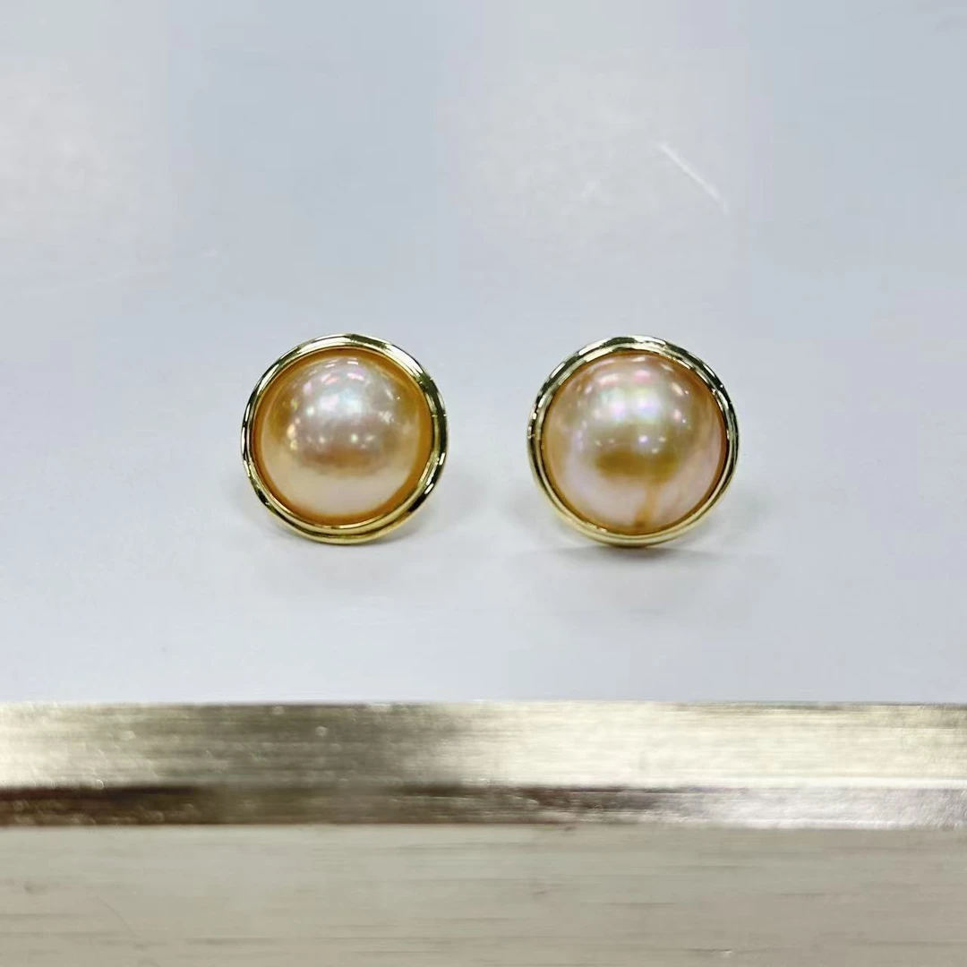 娜点珠宝 金珠 马贝13-14mm 马贝拼合珍珠 耳钉S