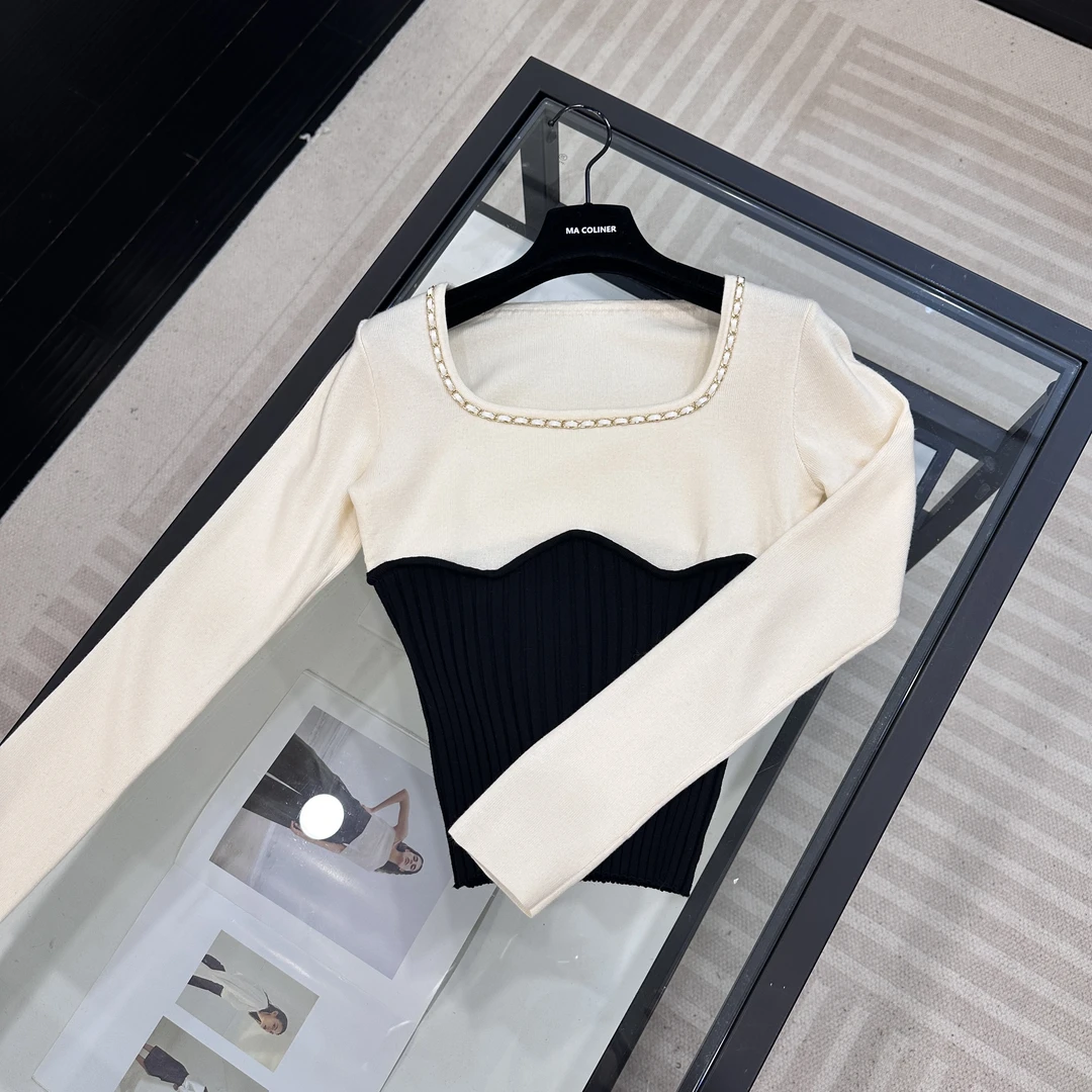 041-ALL IN 2025春季新款简约百搭黑色撞色修身针织上衣