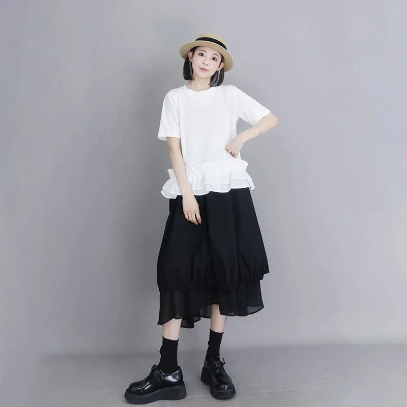 荷叶下摆短袖T恤夏季2025新款独特mm设计感显瘦圆领套头上衣