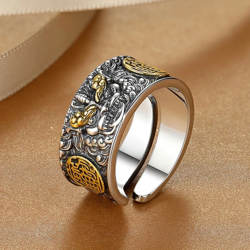 925银戒指 貔貅戒指男纯银招财进宝国潮复古霸气嘻哈个性开口指环