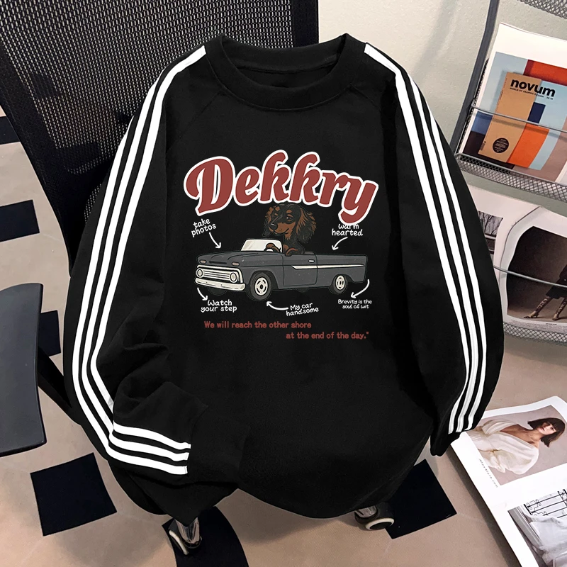 Dekkry潮流街头开车小狗字母印花秋冬三条杠长袖t恤男女纯棉上衣