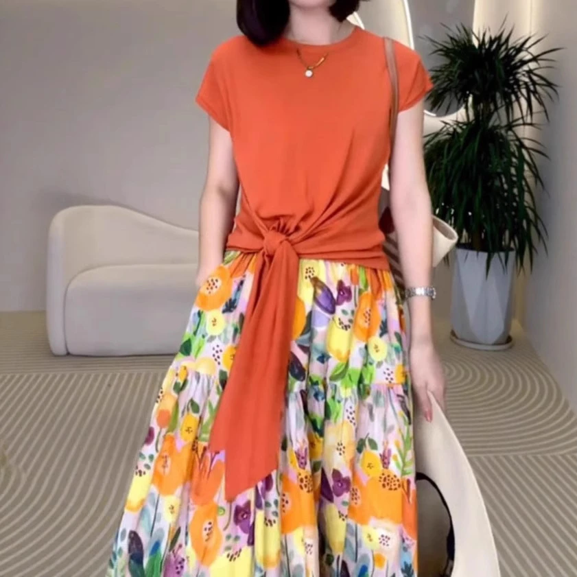 【套装】夏新款气质休闲系带上衣度假风碎花拼接半身裙 短袖显瘦洋