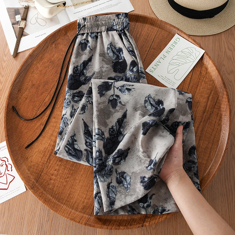 爆款垂感薄款阔腿裤显瘦碎花休闲直筒阔腿裤子女夏季新款松紧高腰