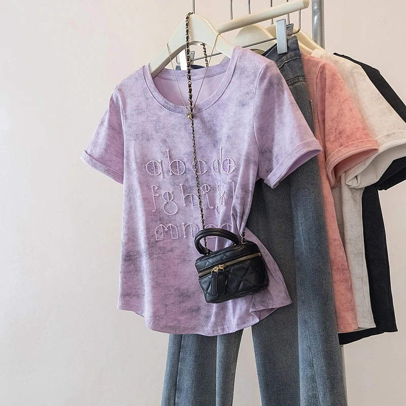 【现货送运费险】纯棉短袖T恤大码女装时尚休闲设计感刺绣扎染上衣