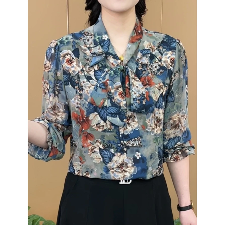 2025新款妈妈装时尚印花长袖雪纺衫女士显瘦减龄气质百搭上衣春夏