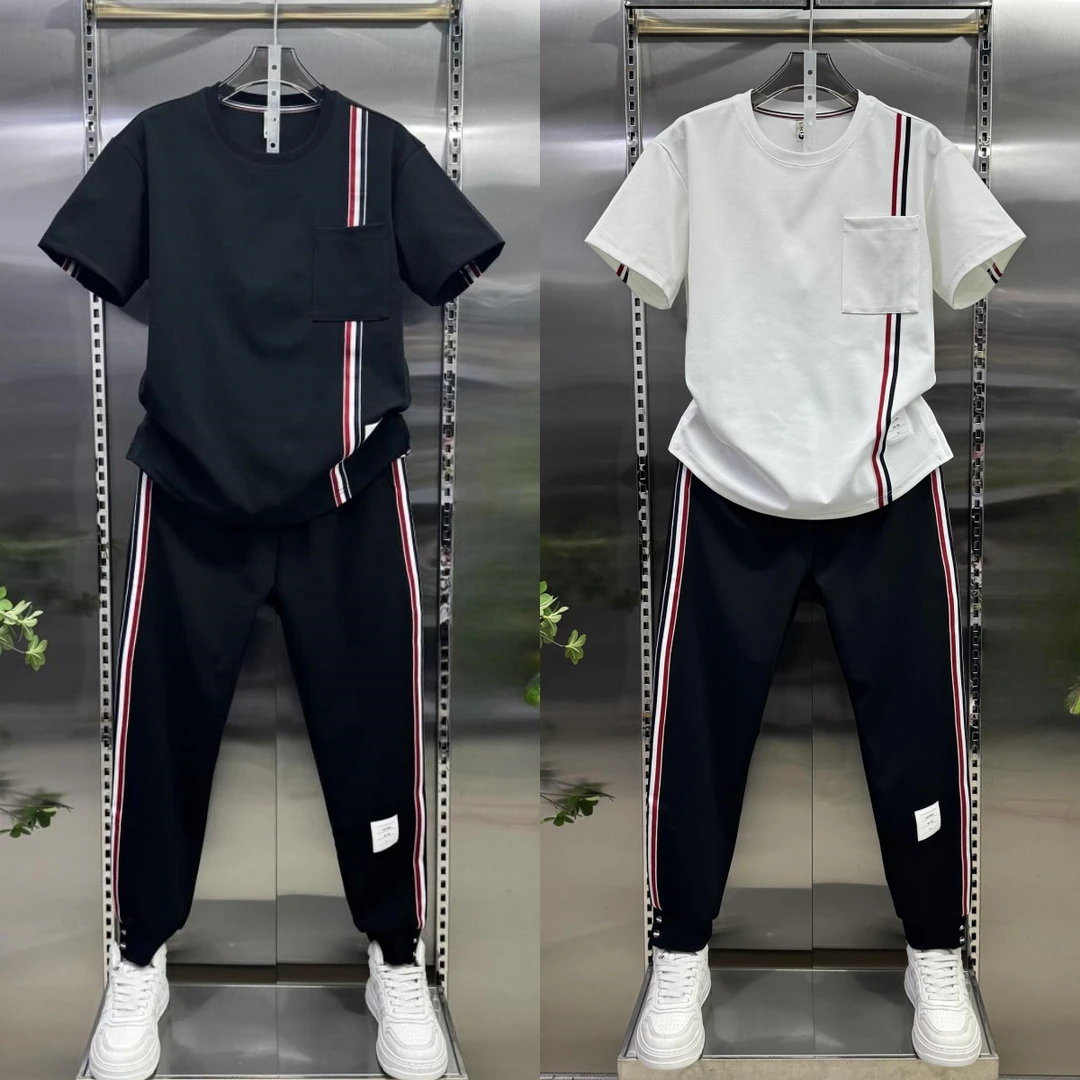 夏季潮牌男士高品质半袖裤子两件套个性织带轻奢商务休闲一整套