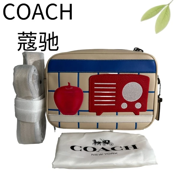 99新 COACH/蔻驰 浅奶茶印花相机斜挎包G25905462底长23X16